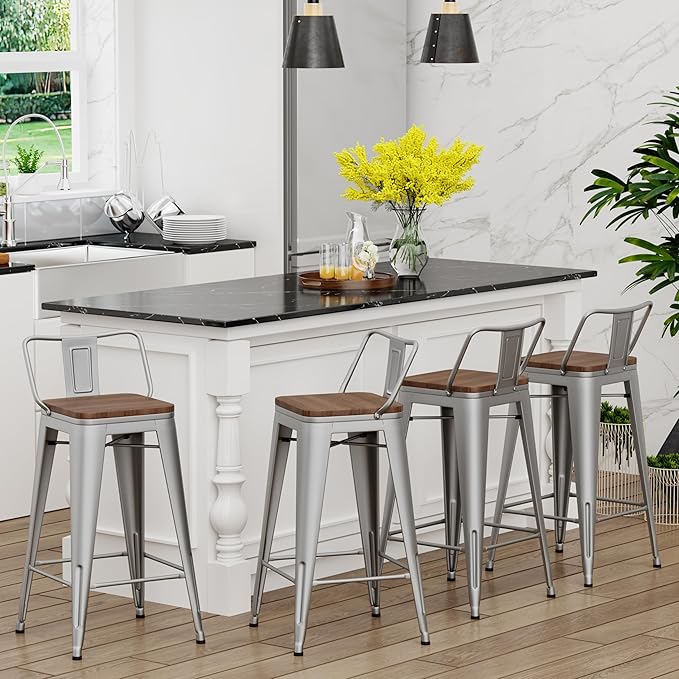 Yongchuang 24 inch Barstools Set of 4 Counter Height Bar Stools Farmhouse Kitchen Metal Bar Chairs with Wood Seat Low Back Silver
