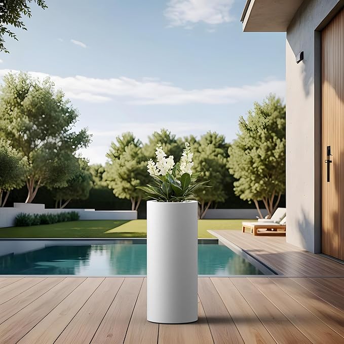 Kante 18.9 Inch Tall Cylindrical Planter, Large Round Plant Pots with Drainage Hole, Made with Concrete, Suitable for Indoor Outdoor Plants, Home Decor, White