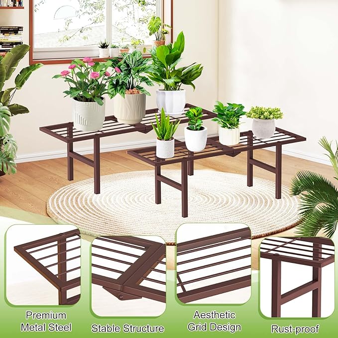 2 Pack Metal Plant Stand Outdoor Indoor, 1 Tier Folding Tiered Flower Plant Shelf, Heavy Duty Ladder Multiple Pot Display Plant Rack for Patio Garden Balcony Windowsills, Brown