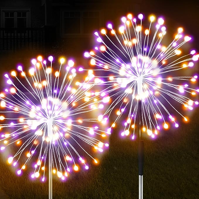 JJGoo Solar Firework Lights, 2 Pack 180 LEDs 2 Lighting Modes Solar Lights Outdoor Waterproof for Garden Patio Walkway Pathway Party Wedding Christmas Decorative - Orange and Purple