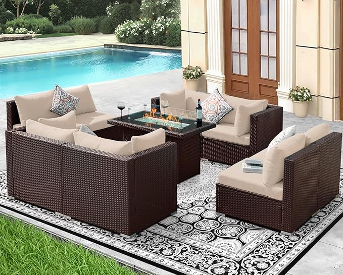 NICESOUL 9 Piece Patio Furniture Conversation Set, Extra Large Size Outdoor Rattan Sectionals with Fire Pit Table Natural Gas & Propane Convertible, 29.3'' High Back 8 Seater Deep Wide Sofa, Espresso