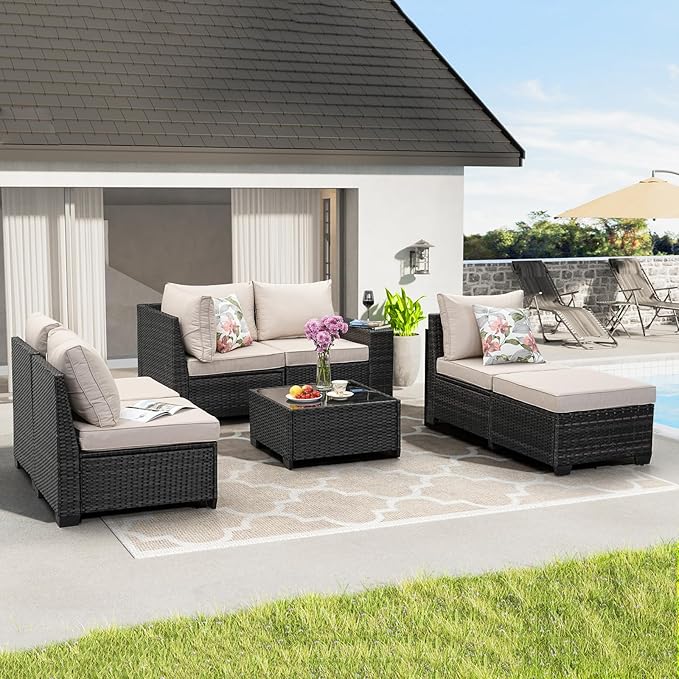 7 Pieces Patio Furniture Set All-Weather Outdoor Wicker Sectional Conversation Sofa Rattan Patio Seating Sofa with Cushion and Glass Table and Ottoman for Porch,Beige