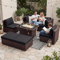 NICESOUL 29.3'' High Back Patio Set with Firepit Propane & Natural Gas, 7 Piece Oversized Large Wicker Outdoor Sectional Couche Sets, Heavy Duty Backyard Furniture, Brown Rattan and Black Cushion