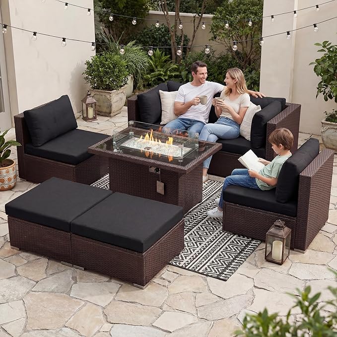 NICESOUL 29.3'' High Back Patio Set with Firepit Propane & Natural Gas, 7 Piece Oversized Large Wicker Outdoor Sectional Couche Sets, Heavy Duty Backyard Furniture, Brown Rattan and Black Cushion