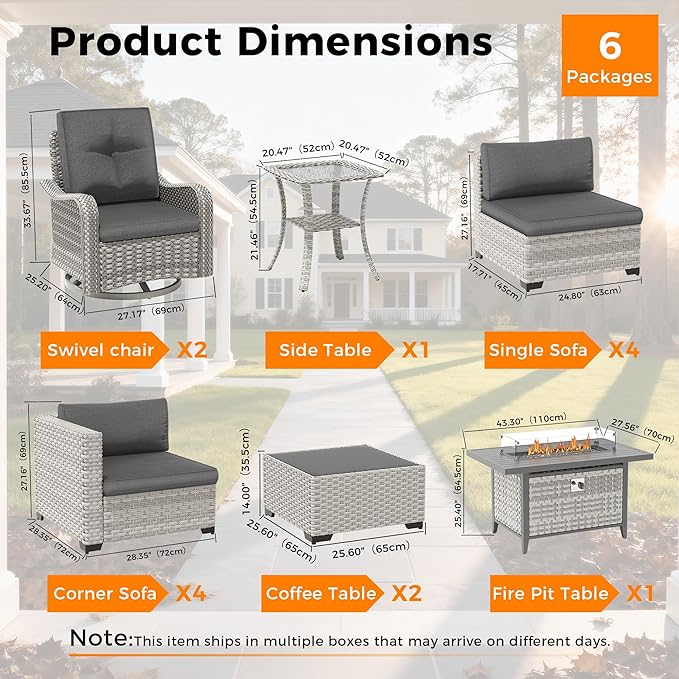 10-Seat Outdoor Wicker Patio Furniture Set with Fire Pit Table, Modular Rattan Sectional Sofa & 2 Swivel Rocking Chairs, 4" Thick Cushions, Rust-Resistant Frame,Black