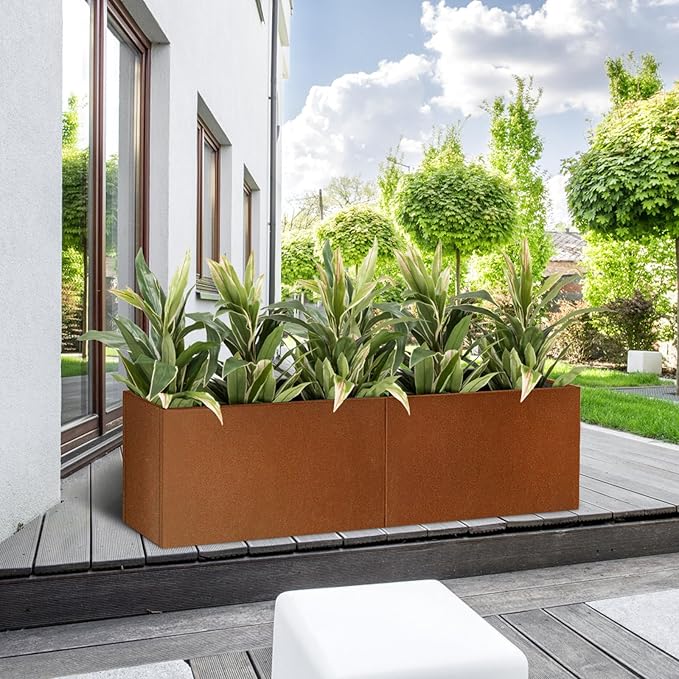 Corten Steel Corner Metal Planter Box L32 x W12 x D16 Garden Steel Planter Pot for Patio Modern Farmhouse Rustic Design (L32 x W12 x D16, Rusted)