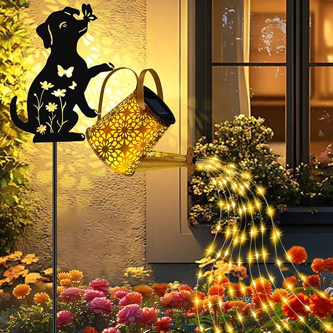 Solar Lights Outdoor Decorative, Watering Can with Cascading Lights, with Dog Silhouette Garden Stakes, Gifts for Mom Women, Waterproof Metal Garden Decor for Yard Art, Outside(1 Pack)