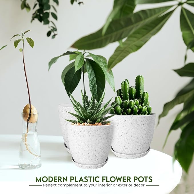 Utopia Home - Spotty Plant Pots Indoor with Drainage - 7/6.6/6/5.3/4.8 Inches Flower Pots - 5 Pack Plastic Planters - Ideal for Stocking Stuffers - (Speckled Grey, Pack of 5)