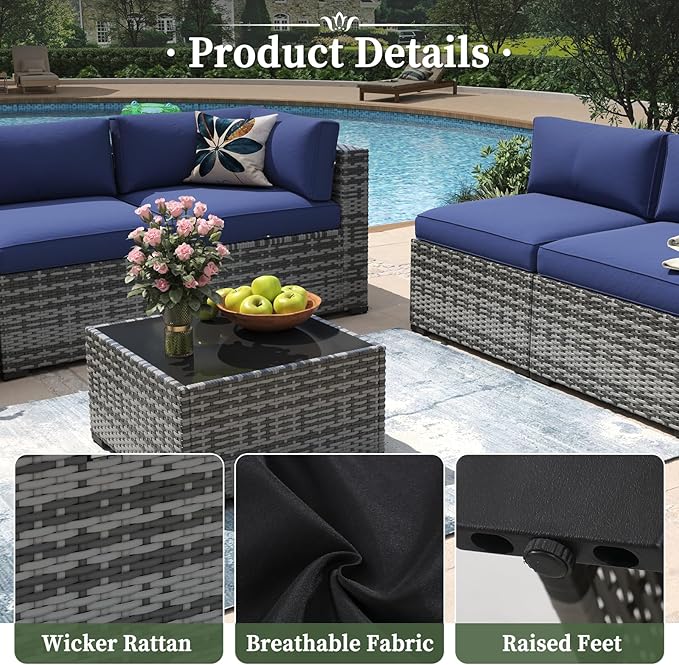 Aoxun 15 Piece Patio Furniture Set with 44” Fire Pit Table Wicker Rattan Outdoor Sectional Sofa Set with Coffee Table and Thickened Cushions, Grey/Blue (Waterproof Cover Included)