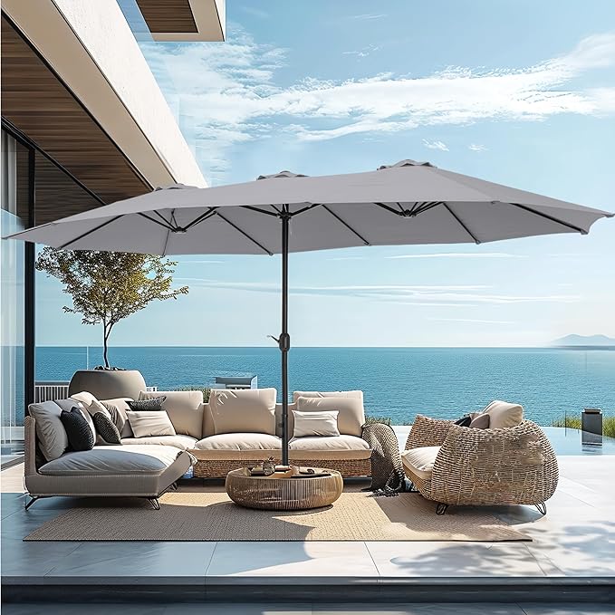 PHI VILLA 15ft Large Patio Umbrellas with Base, Outdoor Double-Sided Rectangle Market Umbrella for Pool Lawn Garden, Light Gray