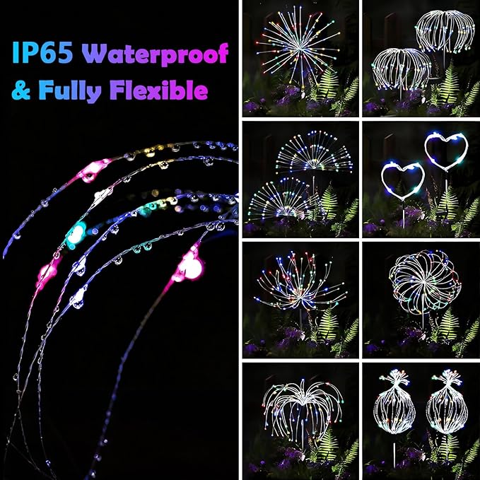 2 Pack Solar Firework Lights Outdoor - Verified 200 LED & 8 Modes - Starburst Solar Powered Garden Lights, Reinforced Durable Stakes, Waterproof Pathway Walkway Lights for Yard Patio Decor