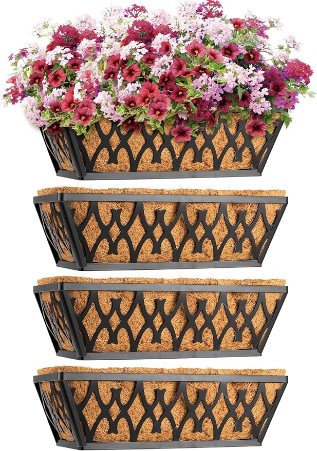 4 Pack 14 Inch Window Boxes Planters Railing Planter Box with Coco Liners Deck Railing Planter Boxes Balcony Hanging Flower Box for Outdoor Plants Garden Decor