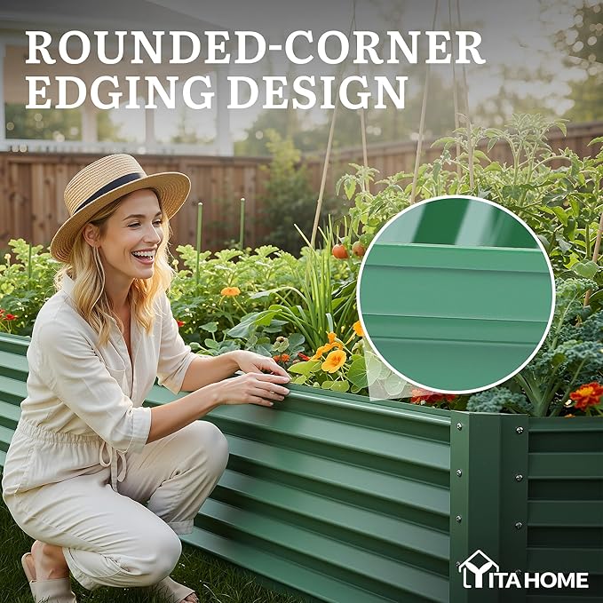 YITAHOME 6x3x1.5 ft Galvanized Raised Garden Bed Kit, Large Metal Planter Box with Gloves & Support Rod, Outdoor Flower Bed for Plants Vegetables, Green