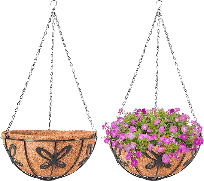 Hanging Baskets Planter for Plants, 2 Pack 14 Inch Round Metal Wire Hanging Flower Pots with Coco Coir Liner Chain, Plant Holder for Home Garden Balcony Decor