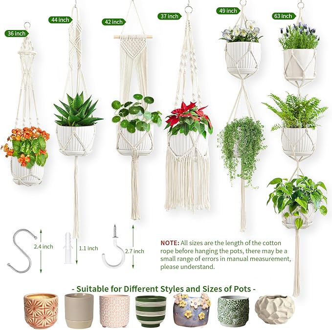 Macrame Plant Hangers, 6Pack Hanging Plant Holders Indoor w/ 6 Set Hooks Handmade Cotton Rope Plant Hangers Set Flower Pots Holder Stand Boho Home Decor Hanging Planters for Indoor Outdoor Plants
