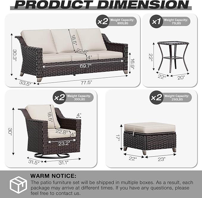 Joyside Wicker Patio Furniture Sets, 7 Pieces Upgraded Large Size Outdoor Furniture with Swivel Rocking Patio Chairs, Two 3-Seat Sofa, Outdoor Ottoman, Thick Cushions, Wide Armrest, Beige