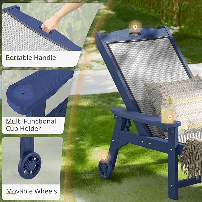 LUE BONA Chaise Lounge Chair Outdoor,HDPS and HDPE Wicker Material, Patio Lounge Chair with Adjustable Backrest, Resin Pool Lounge Chairs with Wheels for Backyard, Poolside and Deck,Navy