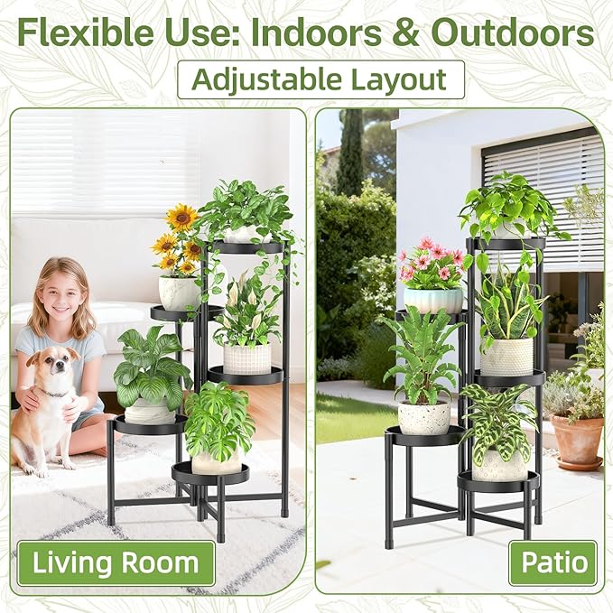 iDavosic.ly Plant Stand with Garden Tools, 5 Tier Corner Metal Flower Display Holder Shelf Indoor Outdoor, Easy Assembly Folding Tall Orchid Rack for Patio Balcony Porch Living Room House, Black