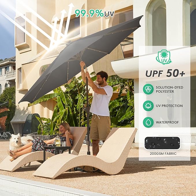 JEAREY 9FT Outdoor Patio Umbrella with Solar Lights, LED Lighted Pool Umbrella with Tilt and Crank, Outdoor Table Umbrellas for Deck, Yard & Market (Jet Black)