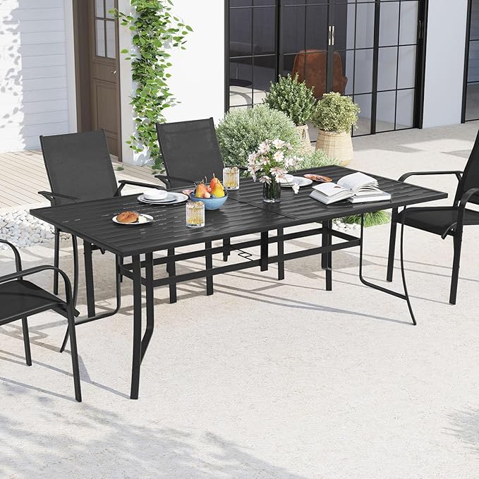 Tangkula 76" x 36" Metal Patio Dining Table for 8, Rectangle Heavy Duty Outdoor Dining Table with Umbrella Hole, 8-Person Outside Dining Furniture for Porch, Garden, Balcony and Backyard