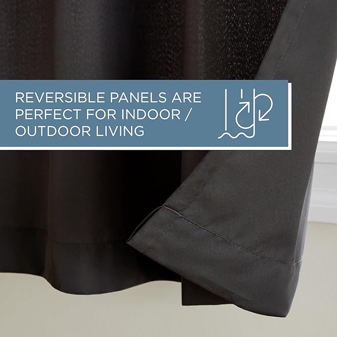 Town & Country Basics Cabana Solid Heavyweight Indoor Outdoor Curtains, Light Filtering Opacity with Grommet Top, Water Repellent, 2-Pack Set, 54"x96", Black