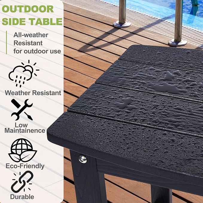 Y&M Outdoor Side Table, HIPS Adirondack Small Single Table, Waterproof Square Outside Table, Balcony Modern End Tables for Patio, Pool, Beach, Porch, Deck, Indoor or Outdoor Use, Black