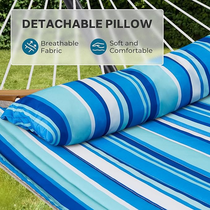 SUPERJARE Hammock with Stand, 2 Person Heavy Duty Hammock with Padded Cotton, Detachable Pillow & Strong Curved-Bar & Portable Carrying Bag, Perfect for Outdoor & Indoor, Blue Stripe