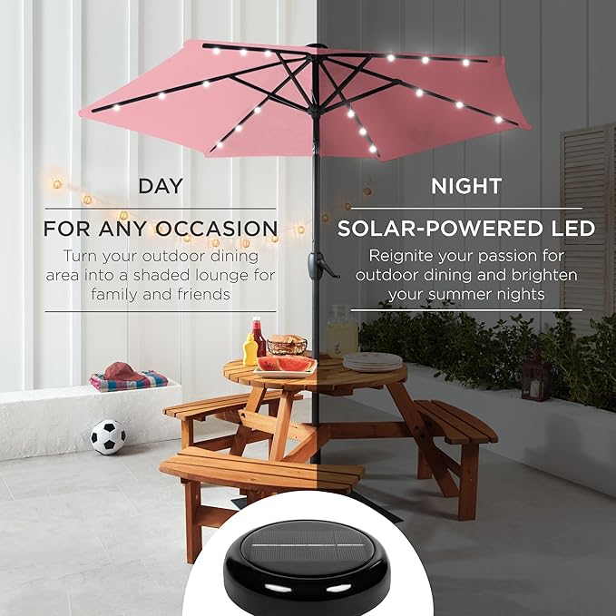 Best Choice Products 7.5ft Outdoor Solar Market Table Patio Umbrella for Deck, Pool w/Tilt, Crank, LED Lights - Carnation