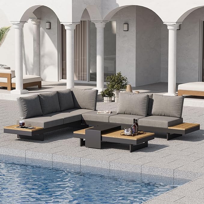 homary Outdoor Conversation Sets, 6 Piece Aluminum & Teak Patio Sectional Sofa Set with Adjustable Backrests, Waterproof Cushions, Ideal for Patios & Balconies | Outdoor Materials, Fade Resistant, Modular design