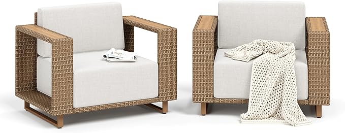 2 Pieces Patio Furniture Set,Outdoor Rattan Wicker Armchairs with 10''Ultra-Thick Cushions,All Weather Patio Conversation Set for Lawn Garden Backyard,Beige