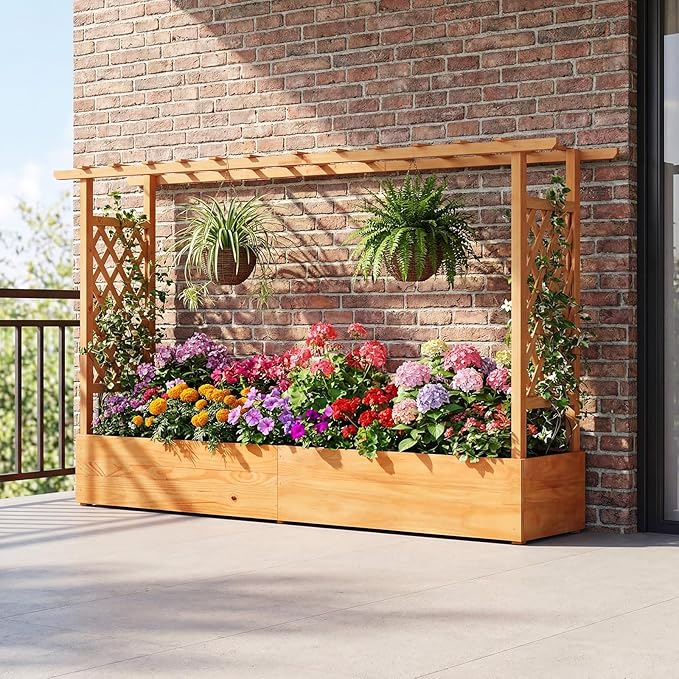 Giantex Raised Garden Bed with Trellis & Hanging Roof, Wood Planter Box with Bottom and Drainage Holes, Freestanding Garden Planter for Flower Vegetable Fruit Herb Climbing Vines (79" x 17.5" x 45")