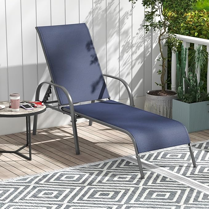 Giantex Patio Lounge Chair, Outdoor Chaise Lounge with 5 Adjustable Backrest, Sturdy Steel Frame, Sunbathing Recliner, Tanning Chair for Beach, Outside, Yard, Balcony, Pool Chairs, Navy