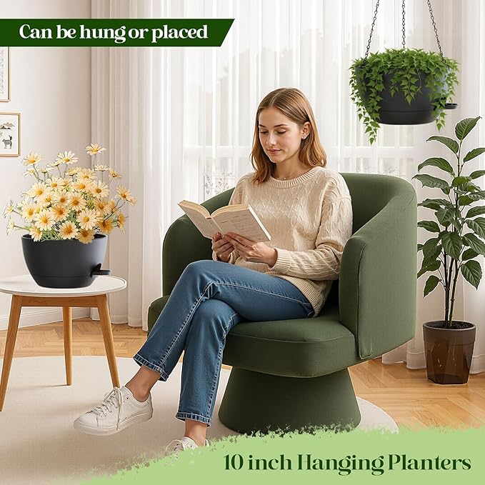 2 Pack 10 Inch Self Watering Hanging Planters for Indoor Plants, Large Black Plastic Hanging Pots with Chains for Outdoor Patio Garden Home Decor (Black)