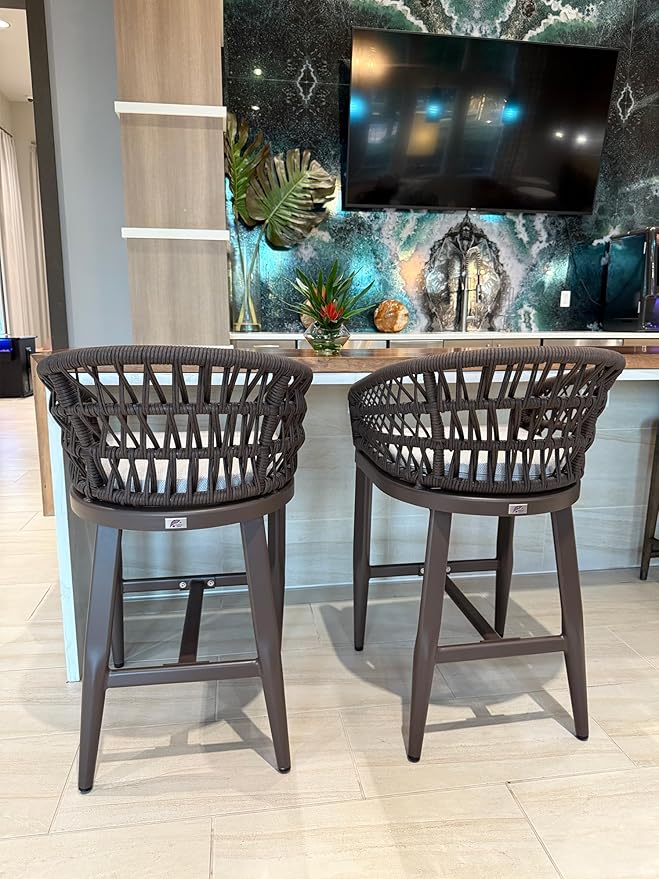 PURPLE LEAF Outdoor Rattan 24" Counter Height Bar Stools Chair Set of 2, Modern Patio Wicker Barstool with Backrest for Indoor and Outdoor, Kitchen Island, Coffee