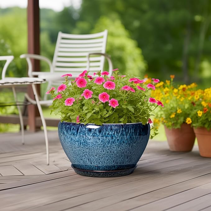 Ceramic Plant Pots 13 Inch - Indoor Planter with Drainage Hole and Saucer, Decorative Large Planter for Indoor Outdoor Plants, Ceramic Flower Pots, Gifts for Plant Lovers, House Decor, Blue