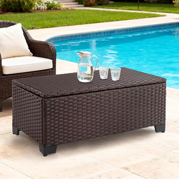 VINGLI Outdoor Coffee Table with Storage, All-Weather Dark Brown Wicker Patio Table for Garden, Balcony, Backyard