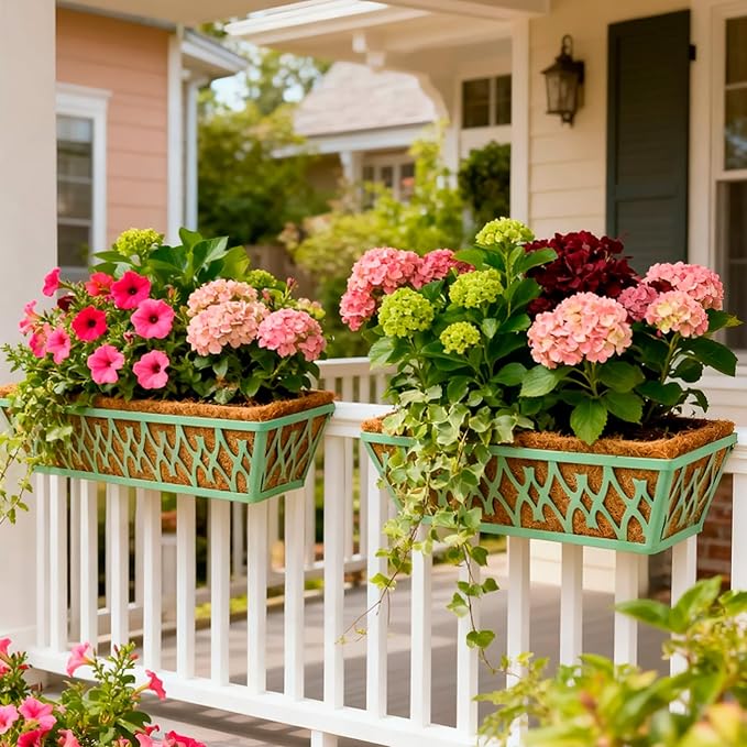 4 Pack 24 Inch Window Boxes Planters Railing Planter Box with Adjustable Brackets for Porch Fence Patio Balcony Hanging Flower Baskets with Coco Liners for Outdoor Garden Decor - Green