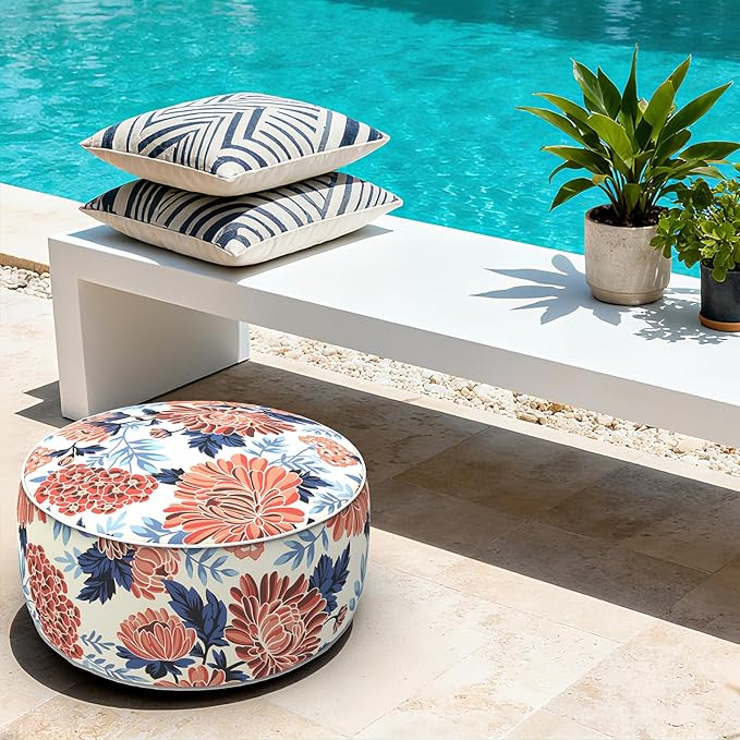 LVTXIII Indoor/Outdoor Inflatable Ottoman with Handle D21 x H9 Inch, Weather-Resistant Round Footstool Pouf for Patio Camping Living Room, Portable Footrest Extra Seating, Vibrant Blossom