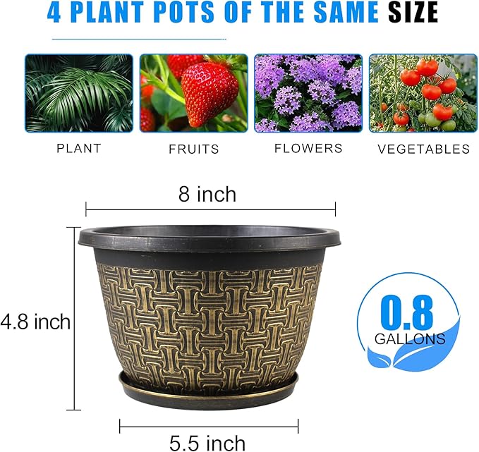 8 Inch Plant Pots, 4 Pack Flower Pot Outdoor with Drainage Holes & Trays, Retro Antique Imitation Decorative Garden Plastic Planters Pots for Plants Indoor Sets for Houseplants