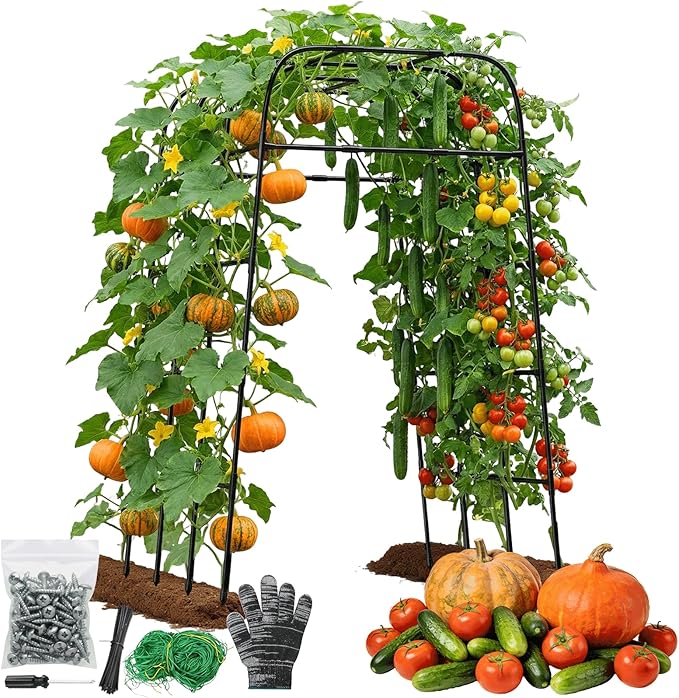 Garden Arch Trellis for Climbing Plants (83" H x 57" L), Metal Cucumber & Tomato Cage, Rustproof Walk-Through Tunnel Support for Pumpkin, Squash, Melon & Rose