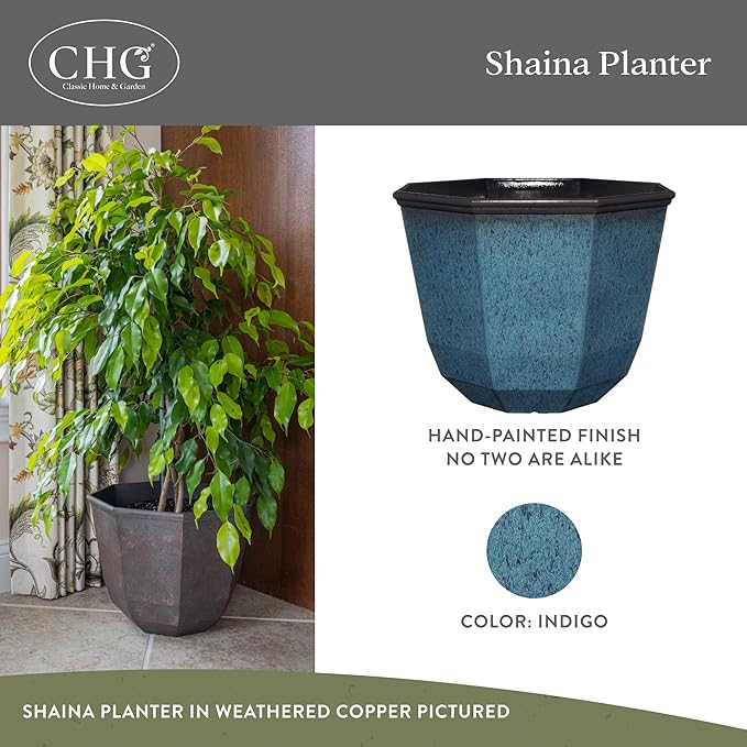 Classic Home and Garden Shaina Planting Pots - Lightweight Indoor & Outdoor Plant Pots - UV-Resistant Resin Flower Pots - Pot Planters for Flowers & Herbs (15” Indigo)