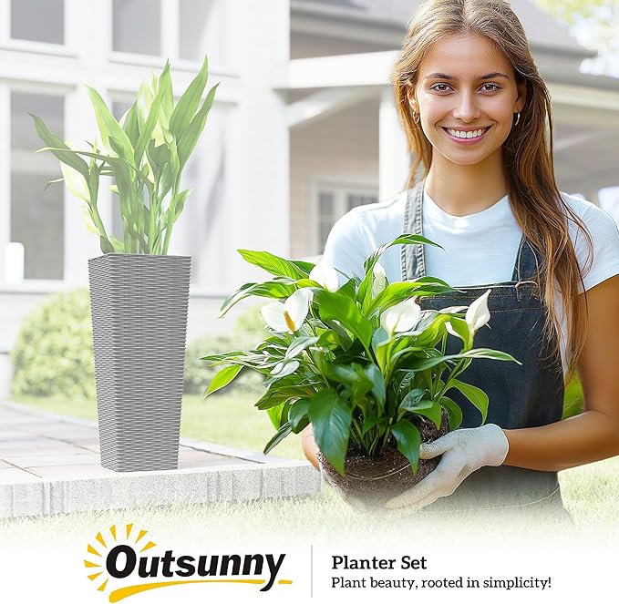 Outsunny 23.6 Inch Tall Planters for Outdoor Plants, Set of 2 Plastic Rattan-Like Flower Pots with Drainage Holes, Stackable Tapered Planters for Indoor Plants, Front Porch, Black
