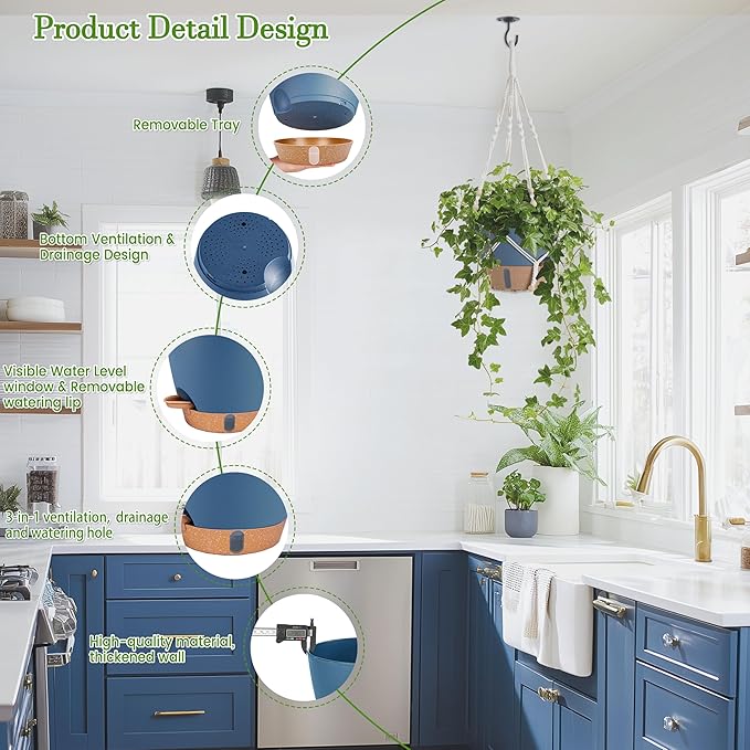 Hanging Planter Self Watering 10 Inch, 2 Pack Hanging Baskets for Plants, Hanging Flower Pots with Drainage Hole & 2 Kinds of Plant Hangers for Garden Home Decor (Navy Blue, 10 Inch)