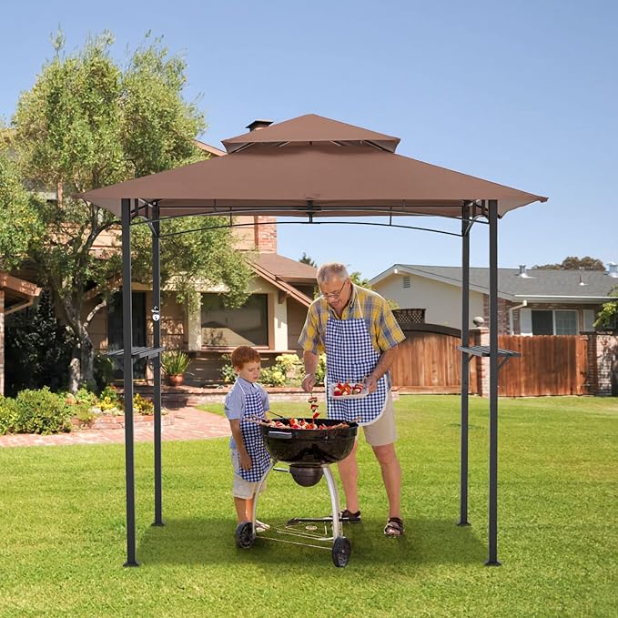 AECOJOY 8' x 5' Outdoor Grill Gazebo Canopy, BBQ Canopy for Outdoor Grill, 2- Tier BBQ Grill Gazebo Shelter for Patio, Backyard and More (Brown)