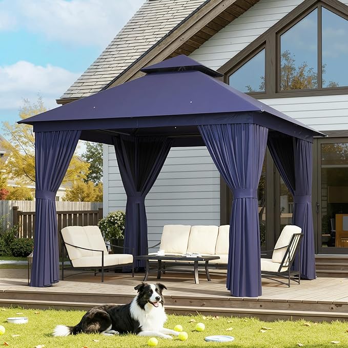 Aoxun Outdoor Gazebo for Patio 10x10 Metal Frame Canopy with Double Roofs Heavy Duty Party Tent and Shelter with Mosquito Netting and Privacy Screen for Backyard, Lawn, Garden, Deck (Navy Blue)