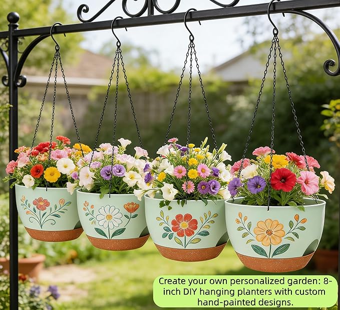 Set of 2-8 Inch Self Watering Hanging Planters for Indoor Outdoor，Hanging Plant Pots with Drainage & Removable Tray, Hanging Pots Holder for Ivy, Pothos, Ferns, Balcony & Patio, Green Brown