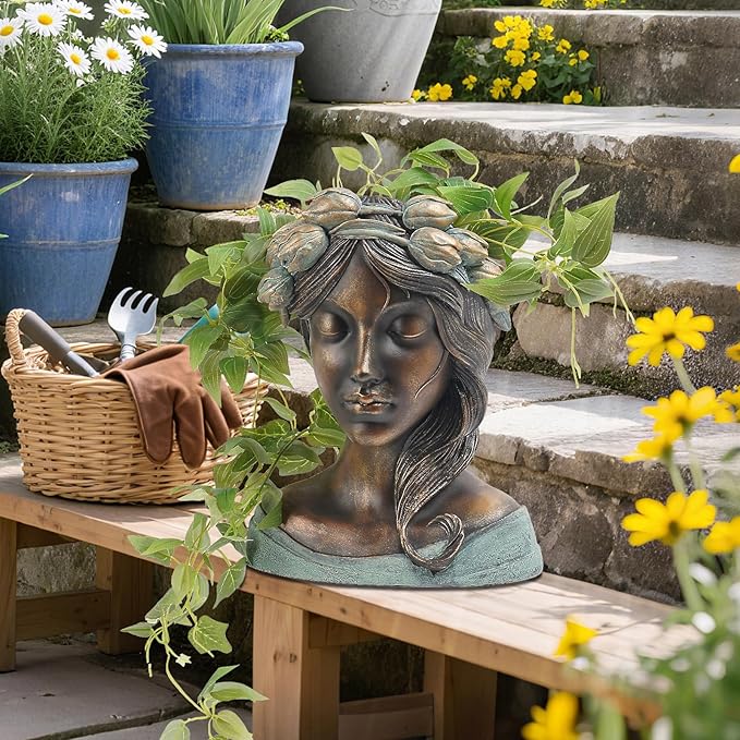DiliComing Head Planter Face Plant Pots - 10 Inch Flower Pot Succulents Large Outdoor Planters Indoor with Drainage Resin Lady Black Statue for Garden Home Decor Porch Gift for Plant Lovers