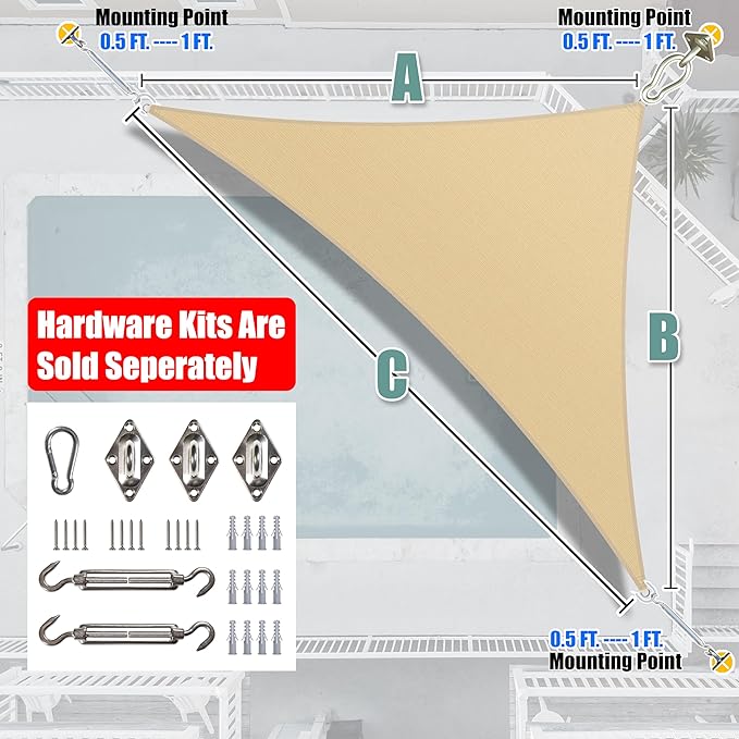 Amgo Custom Size 17' x 17' x 24' Beige Right Triangle Sun Shade Sail UPF50+ AGTAPRT12, Order to Make Canopy Awning, 95% UV Blockage, Water & Air Permeable, Commercial Standard (We Customize)
