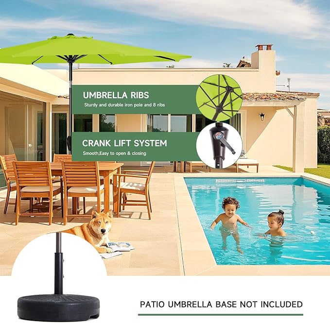 MEWAY 10ft Patio Umbrella Outdoor Table Umbrellas with Push Button Tilt and Crank, Market Umbrella 8 Sturdy Ribs for Deck, Garden, Pool and Backyard, Apple Green