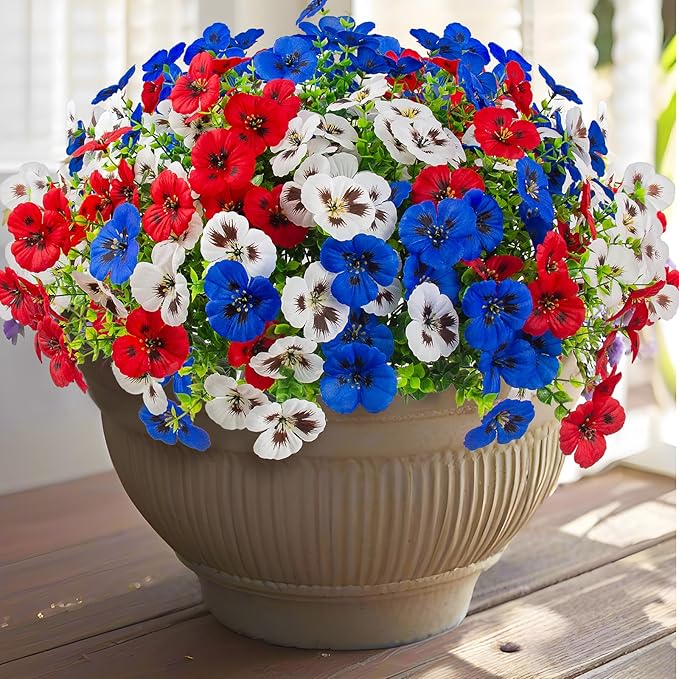 36 Pcs Artificial Fake Pansy Flowers for Outdoor, UV Resistant Faux Silk Pansies Patriotic Flowers for Outside for Planter Front Door Porch Patio Window 4th of July Home Decor(36, Red, White, Blue)